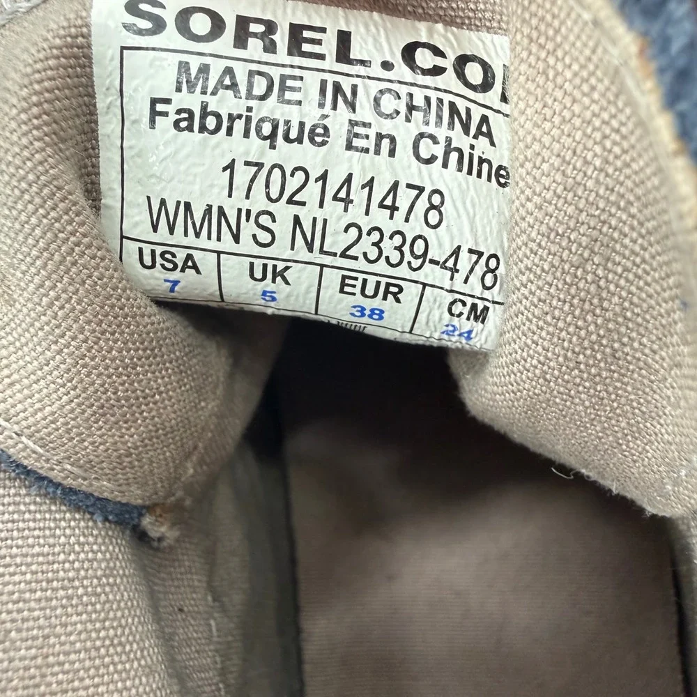 Sorel Out N About Blue Canvas Black Rubber Rain Boots‎ Women's size 7 Sample